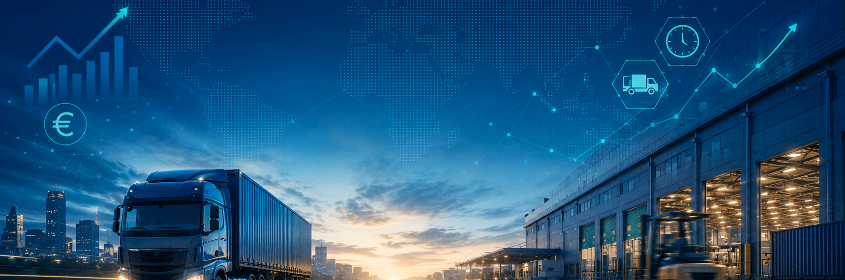 Digital vernetzte Logistikzentren bei Sonnenaufgang als Symbol für den digitalisierten Speditionsvertrieb 2026