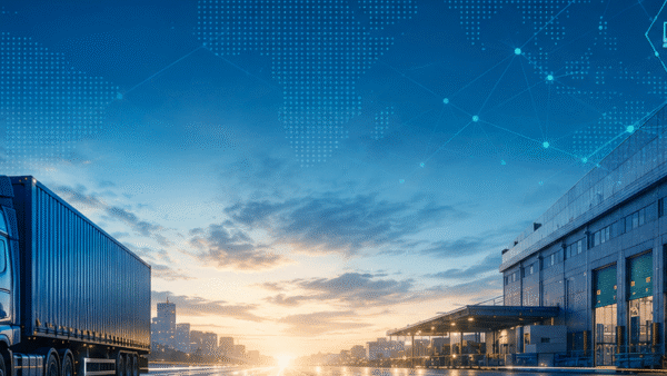 Digital vernetzte Logistikzentren bei Sonnenaufgang als Symbol f&uuml;r den digitalisierten Speditionsvertrieb 2026