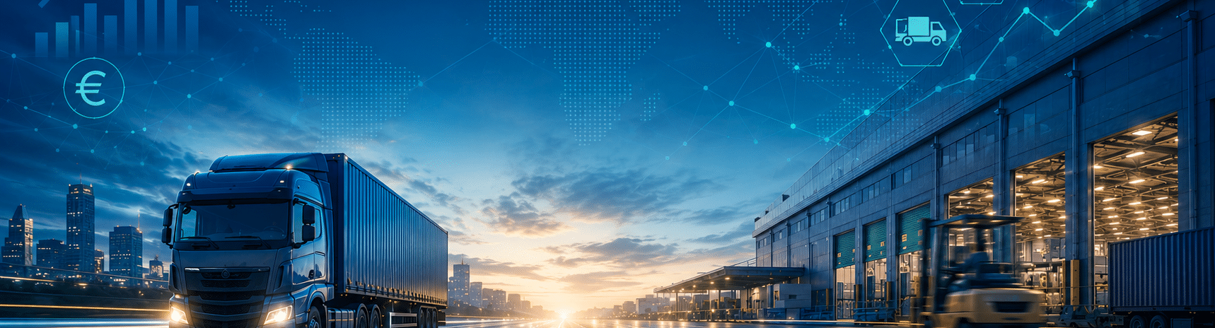 Digital vernetzte Logistikzentren bei Sonnenaufgang als Symbol f&uuml;r den digitalisierten Speditionsvertrieb 2026