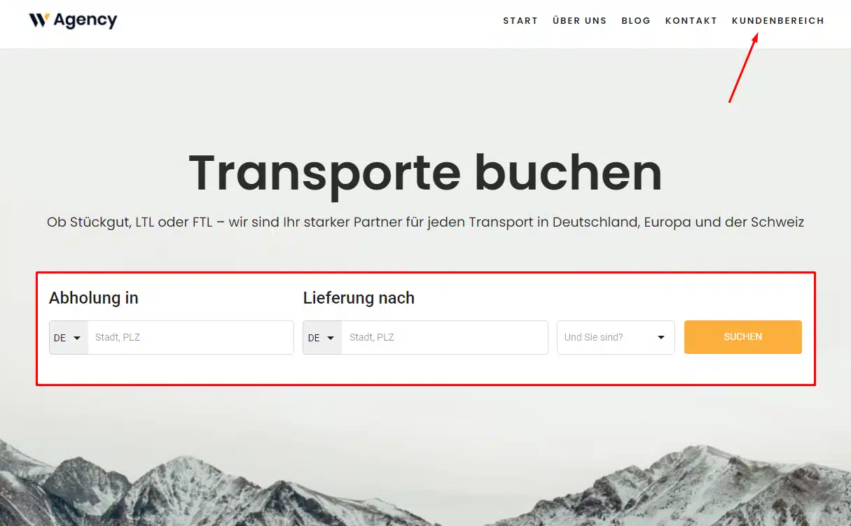 Startseite einer Speditionsseite mit eingebautem Suchfilter f&uuml;r Transporte - Marke Pamyra