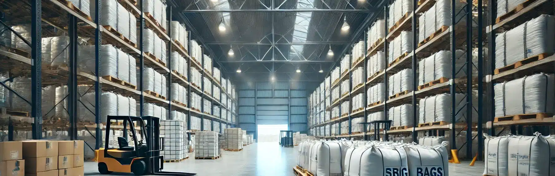 Viele Big Bags warten in einem lager auf den Transport