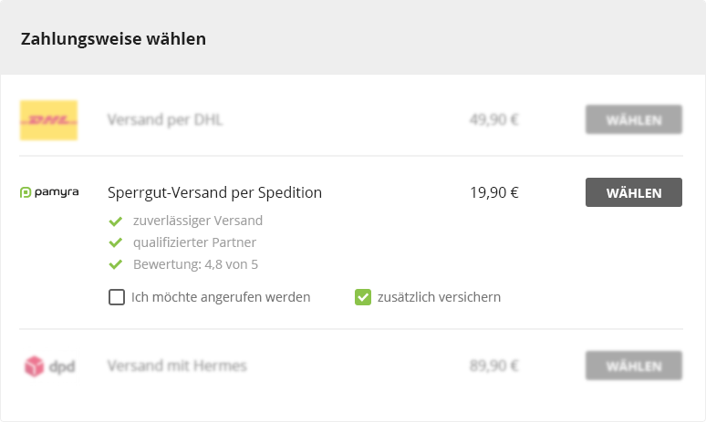 Versandmöglichkeiten in Ihrem Kassenbereich Pamyra Versandkosten Plugin auf der Versandkosten-Seite eines Onlineshops