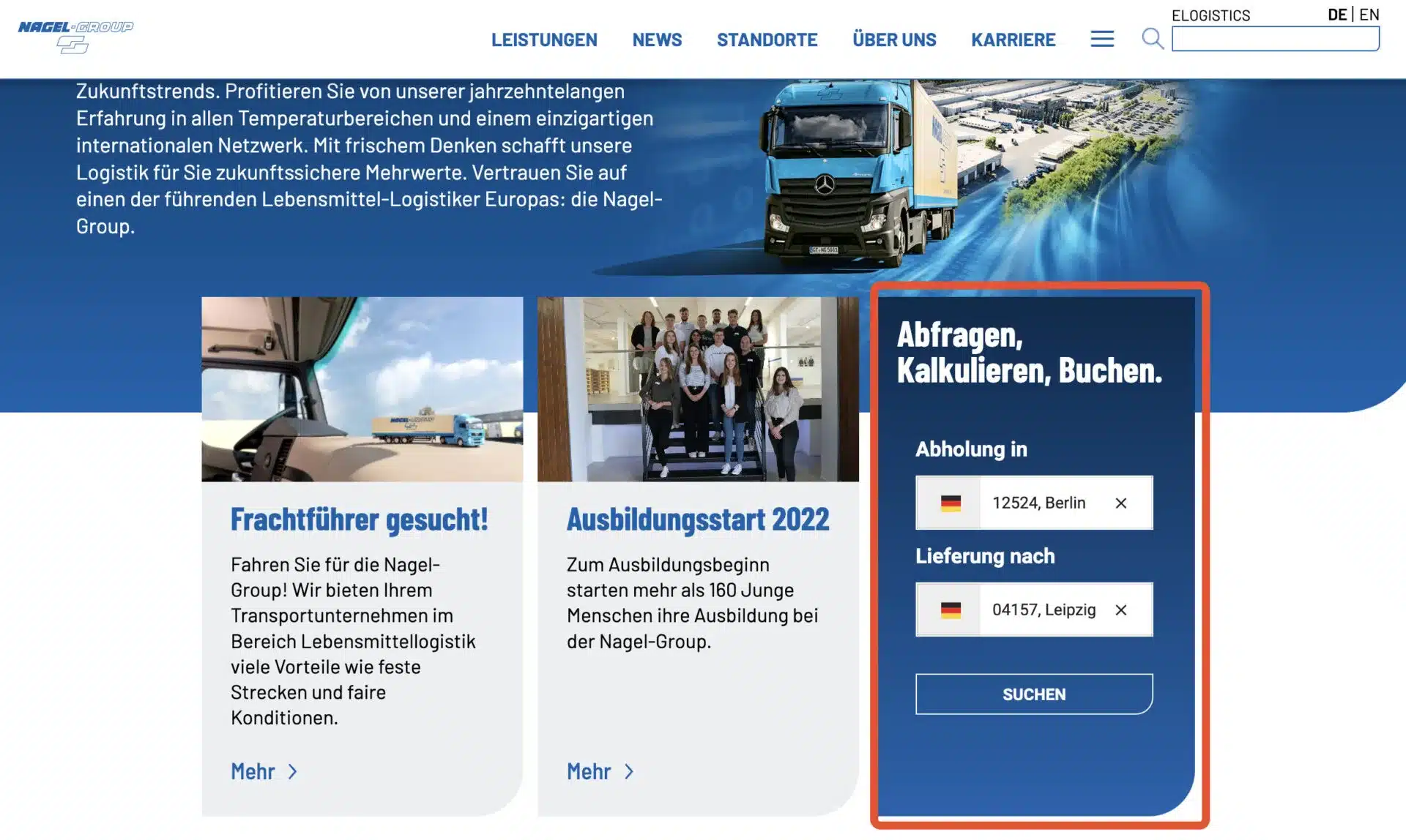 Lndingpage einer Spedition mit eingebautem Suchfilter für Transporte in einer Sidebar