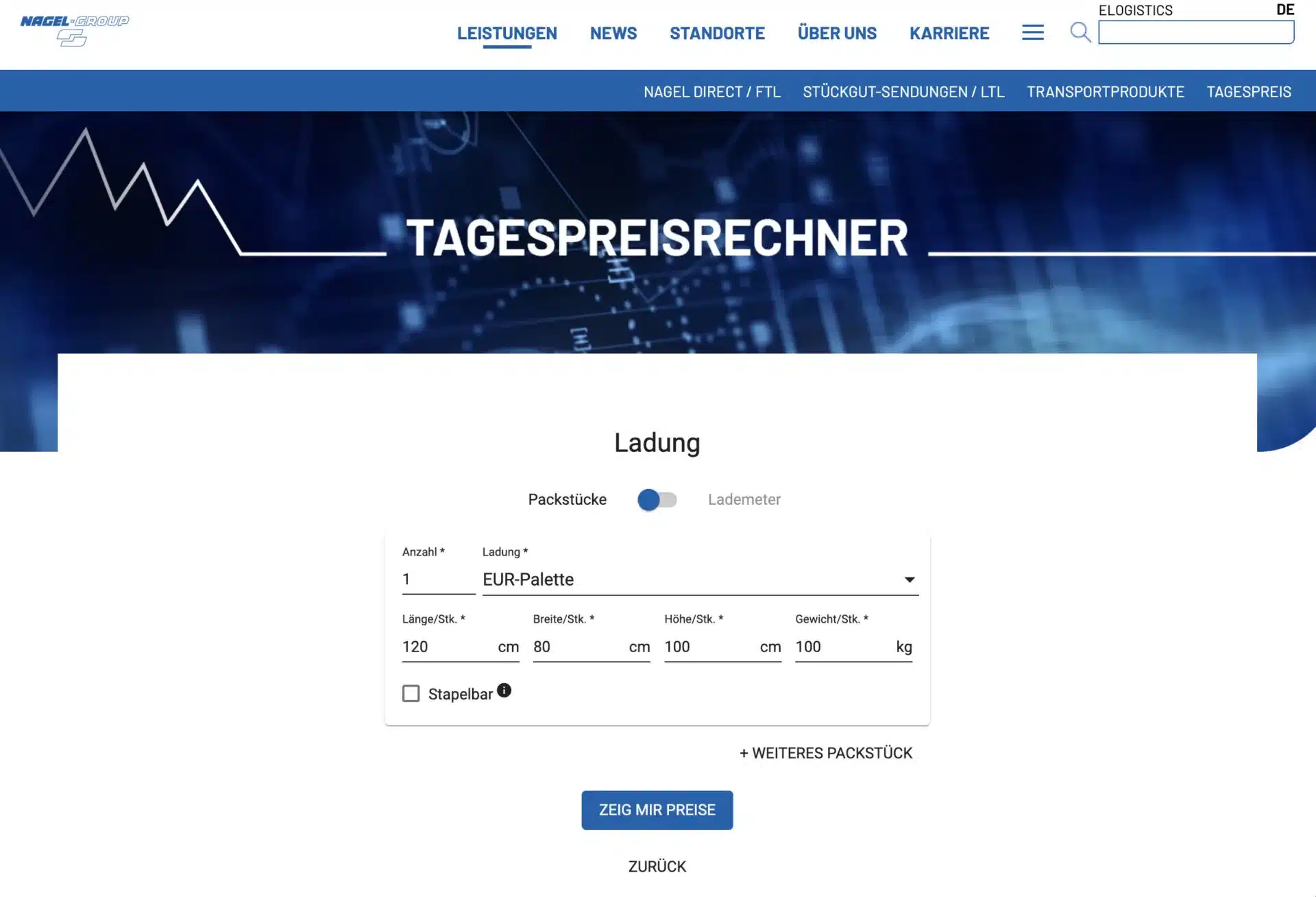 Formular zur Eingabe der Ladung auf einer Website einer Spedition