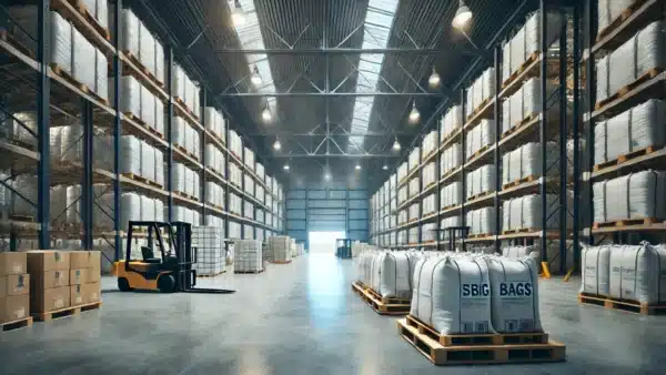 Viele Big Bags warten in einem lager auf den Transport